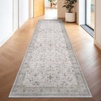 Hazo Haus Light Gray Washable 2'6"x10' Wide Hallway Runners, Kitchen Runner Rug, Non-Slip & Stain Resistant 10ft Long Floor Rug, Neutral Boho Floral Décor