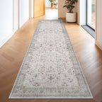 Hazo Haus Boho 3x16 Wide Hallway Runner - Light Gray and Sage, Washable Low Pile Non Slip Stain Resistant 16ft Runner Rug for Long Kitchen, Hallway, Floral Decor