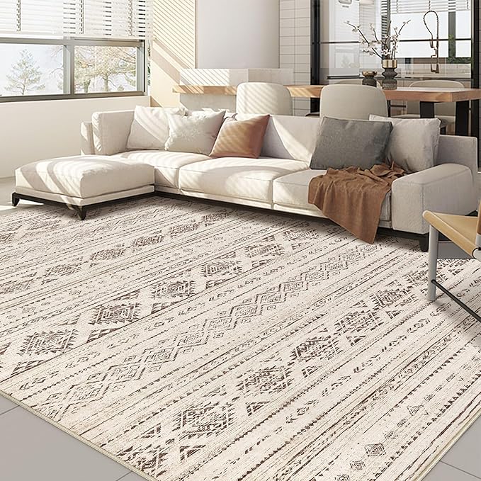 Nakagishi 9x12 Area Rugs Living Room: Washable Boho Large Neutral Soft Farmhouse Rug Stain Resistant Modern Moroccan Non-Slip Indoor Carpet for Bedroom Nursery Kids Office Dining Room - Dark Brown