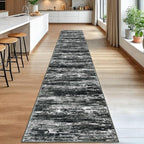 KOZYFLY Modern Abstract Washable Rug Runner 2.6x16 Hallway Rug Runner Non-Slip Soft Kitchen Runner Rugs, Black Grey Striped Carpet for Stair Entryway Bathroom Laundry Room Foyer