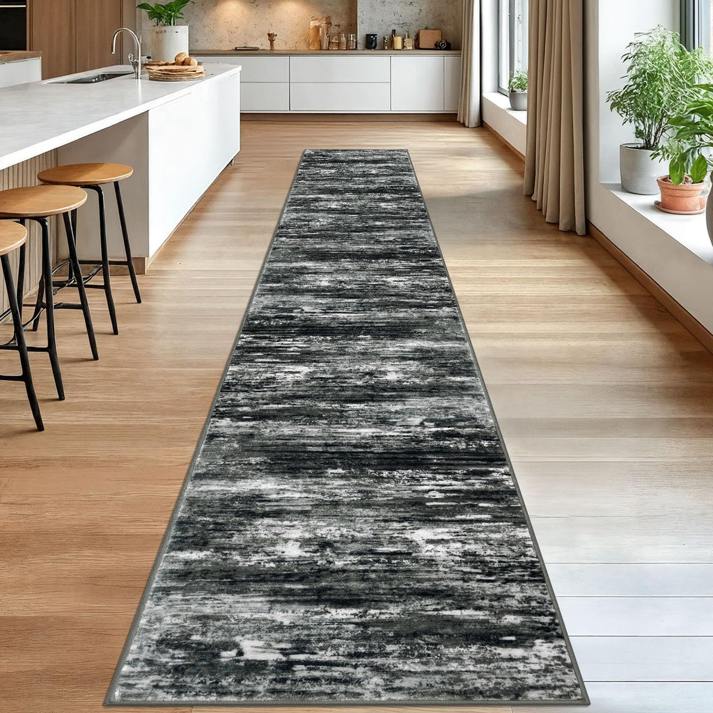 KOZYFLY Modern Abstract Washable Rug Runner 2.6x16 Hallway Rug Runner Non-Slip Soft Kitchen Runner Rugs, Black Grey Striped Carpet for Stair Entryway Bathroom Laundry Room Foyer