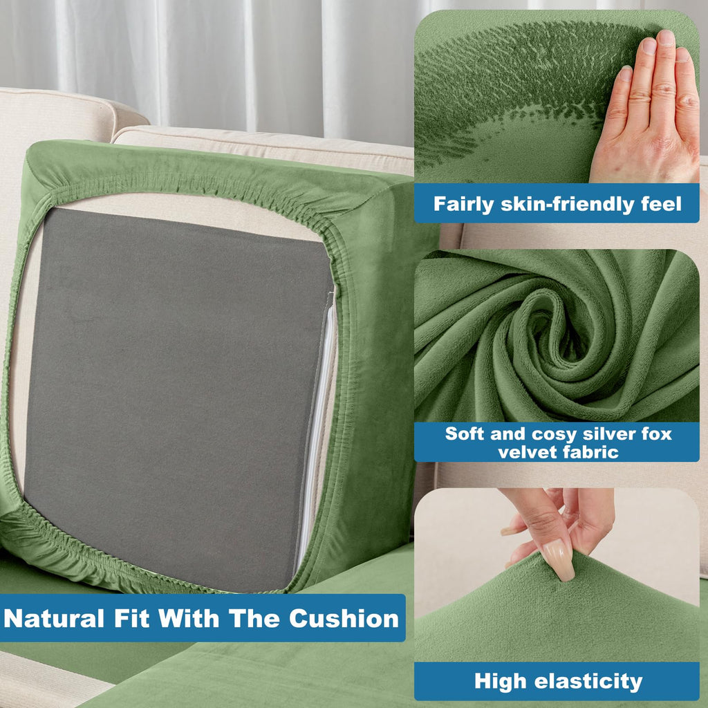 Taque Couch Cover 8-Piece Elastic Velvet Couch Cushion Covers & Chaise Slipcovers for L-Shaped Sofas, Sofa Seat Covers Washable, Soft Cover for Couches (7 Seater + Chaise, Avocado Green)