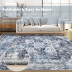 Area Rug 8x10 Washable Rug, Vintage Boho Medallion Rugs Non-Slip Soft Low Pile Large Distressed Rug Indoor Retro Carpet for Living Room Bedroom Dining Room Home Office (Blue, 8'x10')