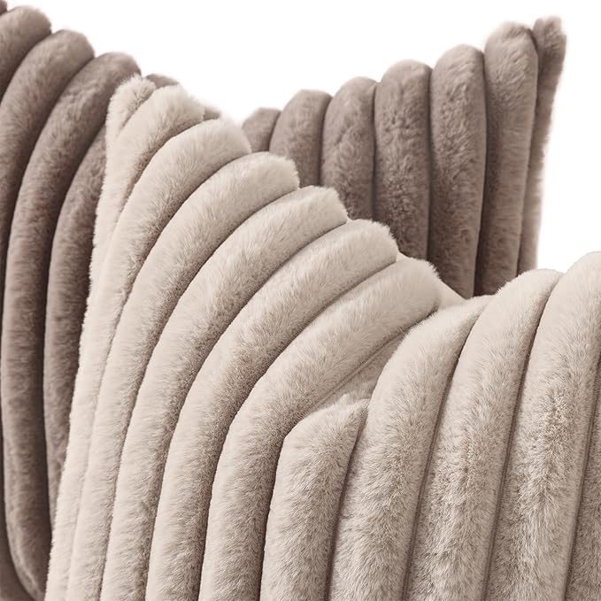 decorUhome Cozy Faux Fur Throw Pillow Covers 16x16 Set of 2 Decorative Soft Plush Striped Modern Farmhouse Boho Couch Pillow Cases with Velvet Back for Sofa Bed Living Room, Light Coffee