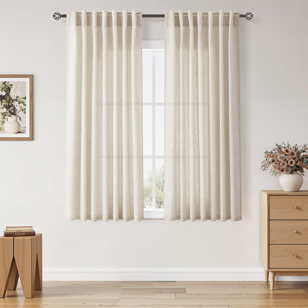Warm Beige Linen Curtains 63 Inches Long 2 Panel Sets for Living Room Bedroom Rod Pocket Back Tab Light Filtering Drape for Kitchen Window Short Protect Privacy Curtain Modern Farmhouse Decor 52x63