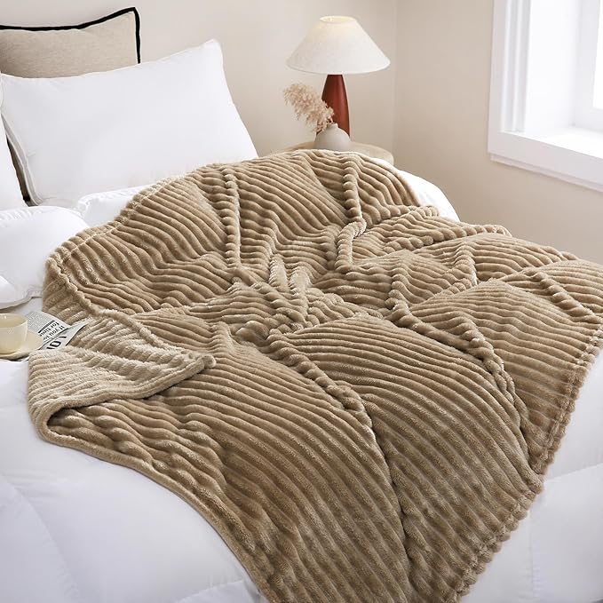 Tan Fleece Throw Blanket 90”×90” for Couch Sofa Bed,Super Soft Cozy Plush Microfiber Flannel Blanket with Stripes Design Lightweight for Adults,Woman,Girls