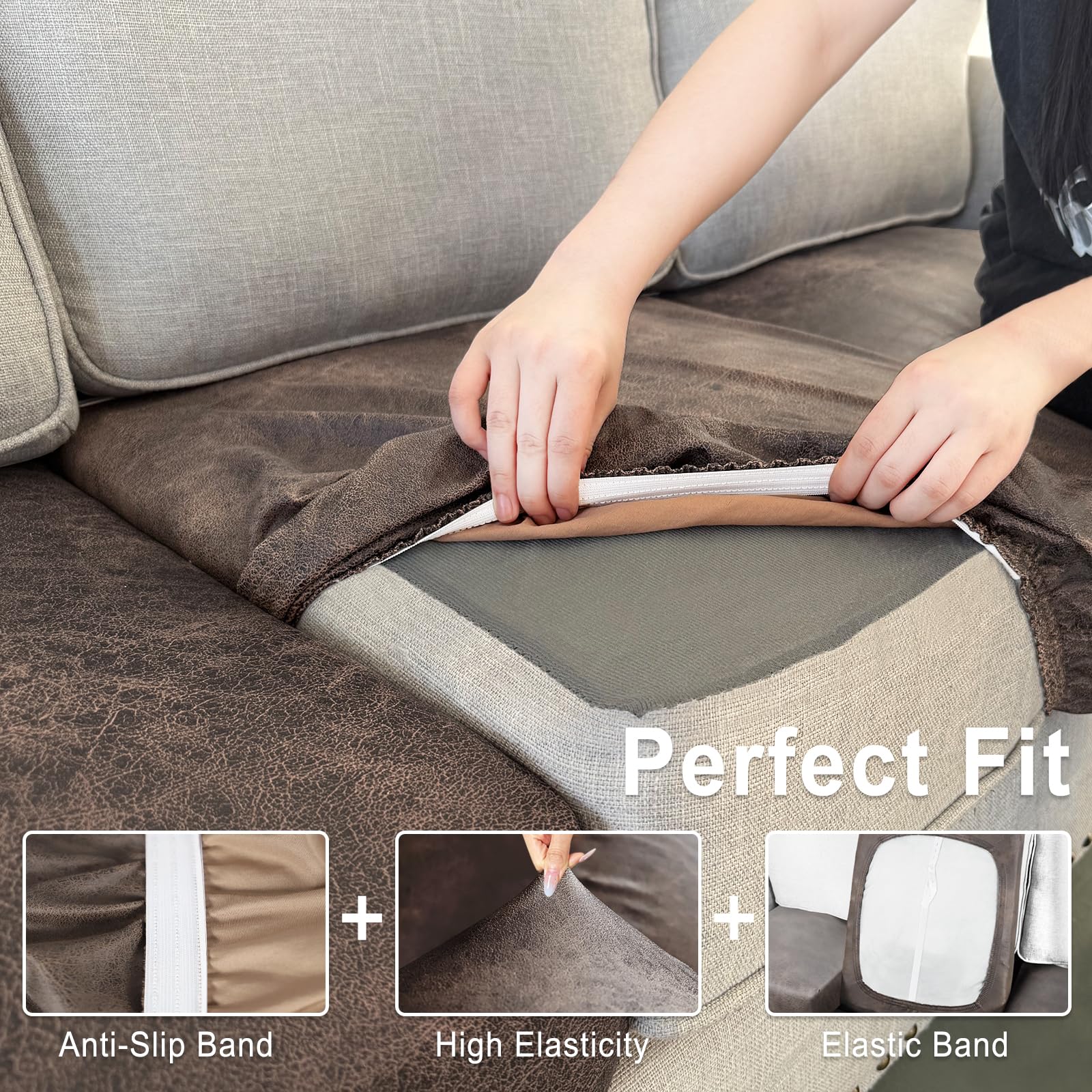 ANARACHON Leather Look Couch Cushion Covers Sofa Seat Slipcovers Sets Couches Furniture Protector for Sectional Armchair Loveseat Pets Kids Stretch Spandex Fabric (1 Cushion Loveseat, Light Brown)