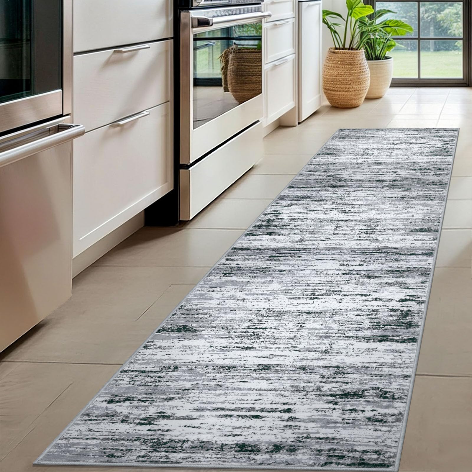 Lansny Modern Abstract Hallway Runner Rug, Black Grey White White Washable Kitchen Runner Non-Slip Soft 2x8 Runner Rug Thin Print Faux Wool Carpet for Entryway Bedroom Laundry Room Indoor Home Decor