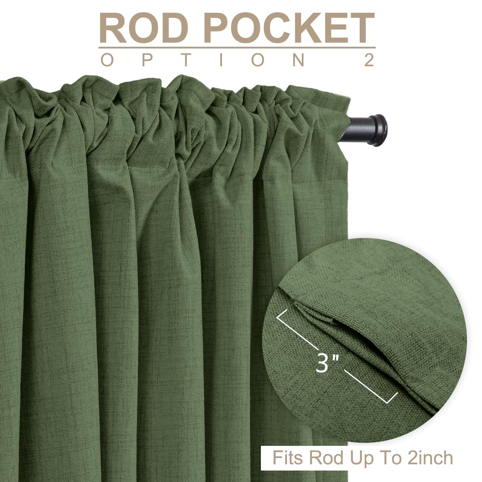 Faux Linen Total Blackout Curtains for Bedroom 102 Inches Long, Olive Green
