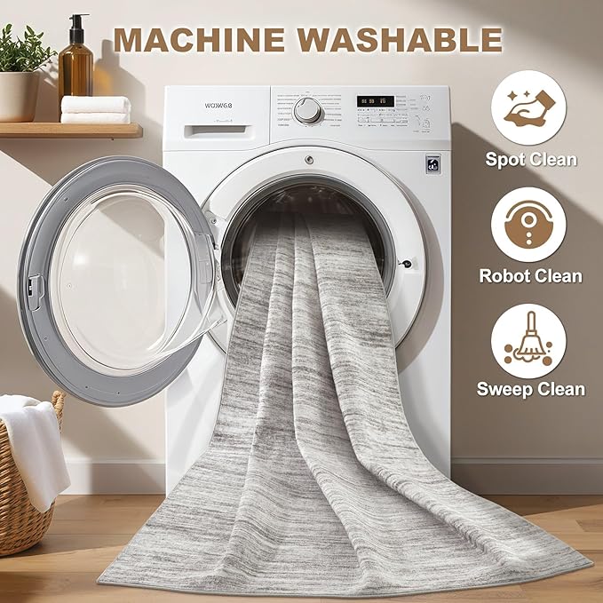 Nakagishi 8X10 Area Rugs Living Room: Washable Large Vintage Rug Neutral Non-Slip Soft Stain Resistant Indoor Carpet for Bedroom Nursery Dining Room Office Playroom - Grey-01