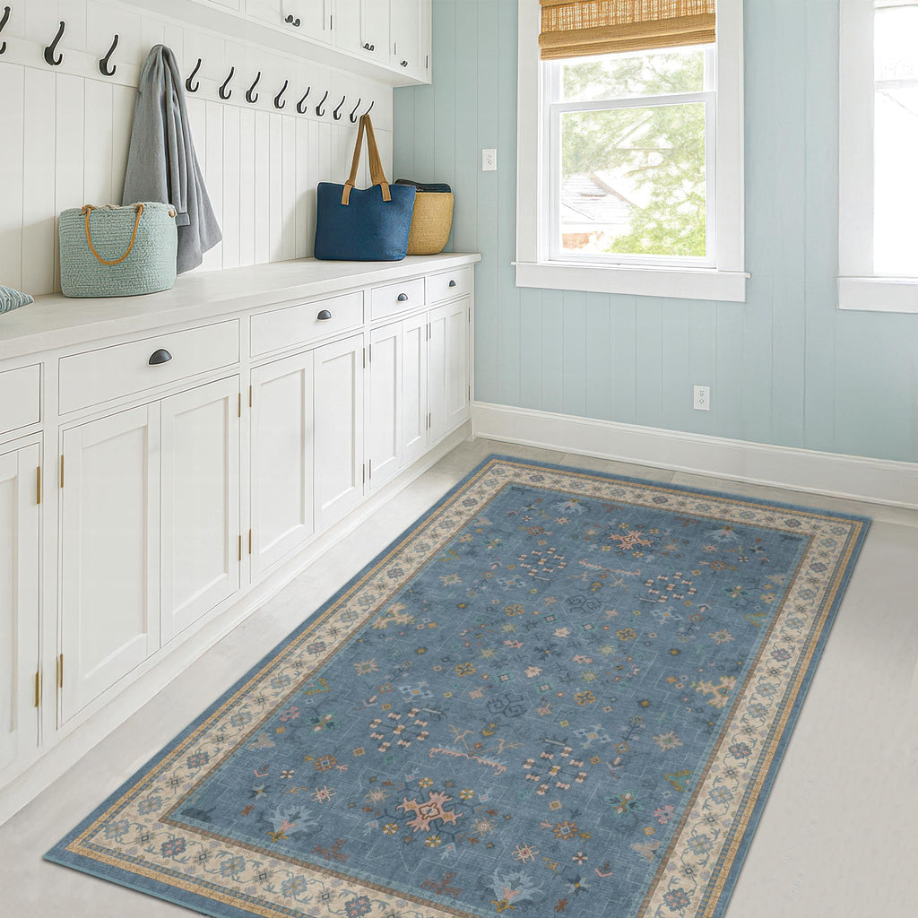 Washable 3x6 Throw Rug for Large Kitchen - Blue Rugs for Entryway Indoor, Bedroom Bedside, Mudroom, Boho Eclectic Modern Décor, Non Slip Low Pile Fade Resistant