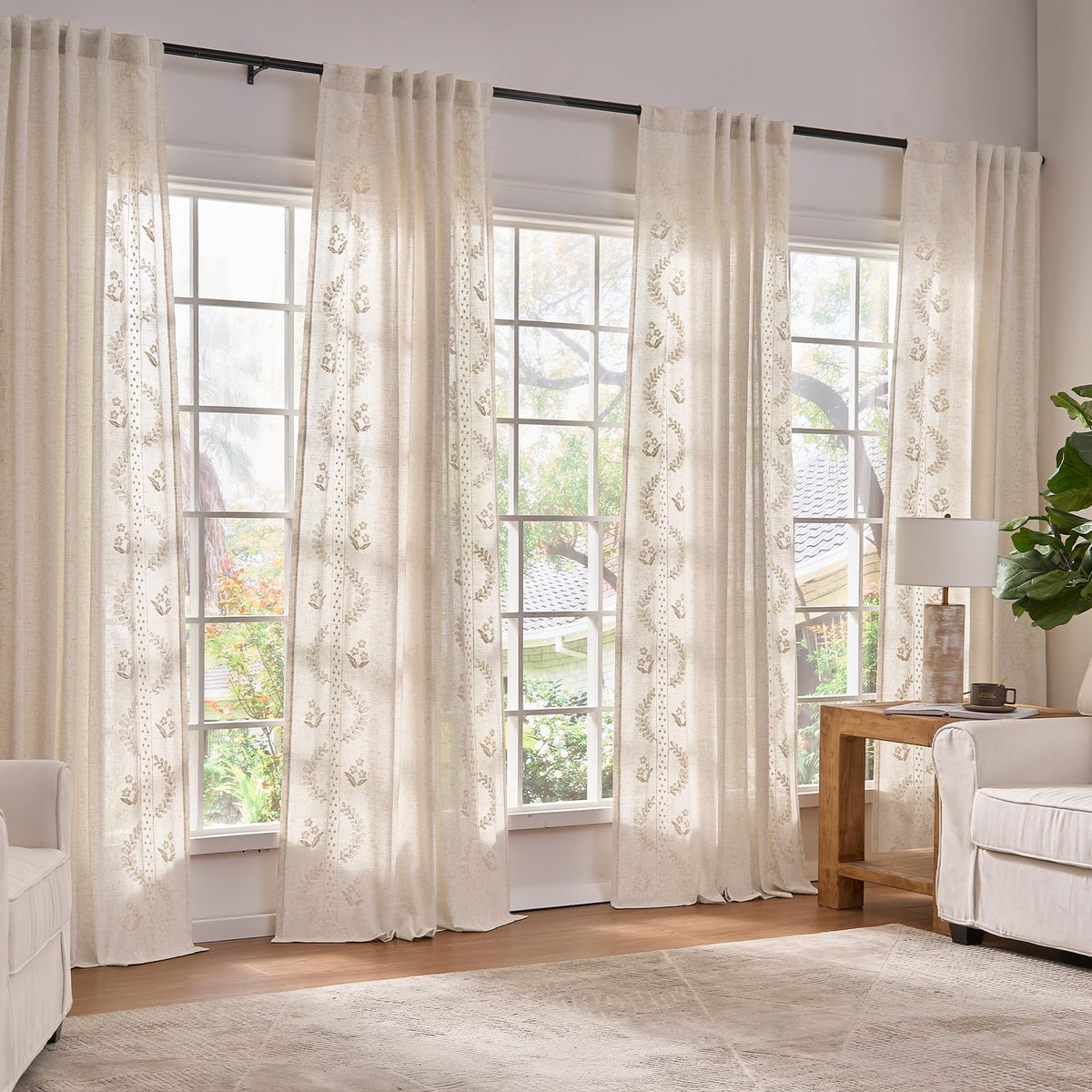jinchan Floral Linen Curtains 84 Inch Farmhouse Back Tab 2 Panels