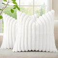 decorUhome Summer Cozy Faux Fur Throw Pillow Covers 16x16 Set of 2 Decorative Soft Plush Striped Modern Farmhouse Boho Couch Pillow Cases with Velvet Back for Sofa Bed Living Room, White