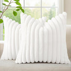 decorUhome Summer Cozy Faux Fur Throw Pillow Covers 18x18 Set of 2 Decorative Soft Plush Striped Modern Farmhouse Boho Couch Pillow Cases with Velvet Back for Sofa Bed Living Room, White
