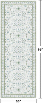 Hazo Haus Turkish 3x8 Wide Hallway Runner - Cream Green Oushak Boho Floral, Washable Low Pile Non Slip Stain Resistant Rug for Kitchen, Bathroom, Hall Way