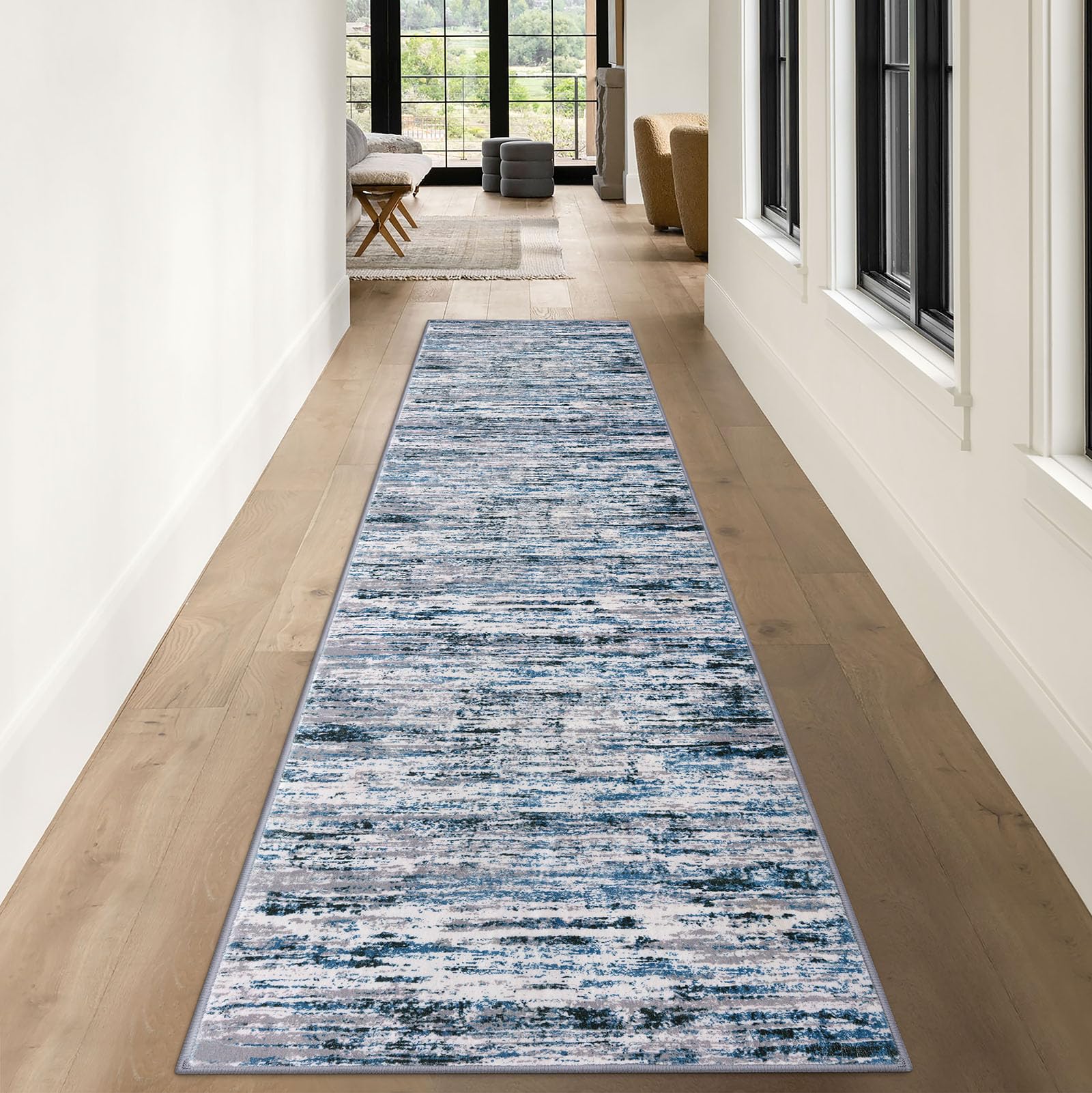 Lansny Modern Abstract Runner Rug 3x10, Grey Blue White Washable Kitchen Runner Non-Slip Soft Hallway Rug Runner Thin Print Faux Wool Carpet for Entryway Bedroom Laundry Room Indoor Home Office Decor
