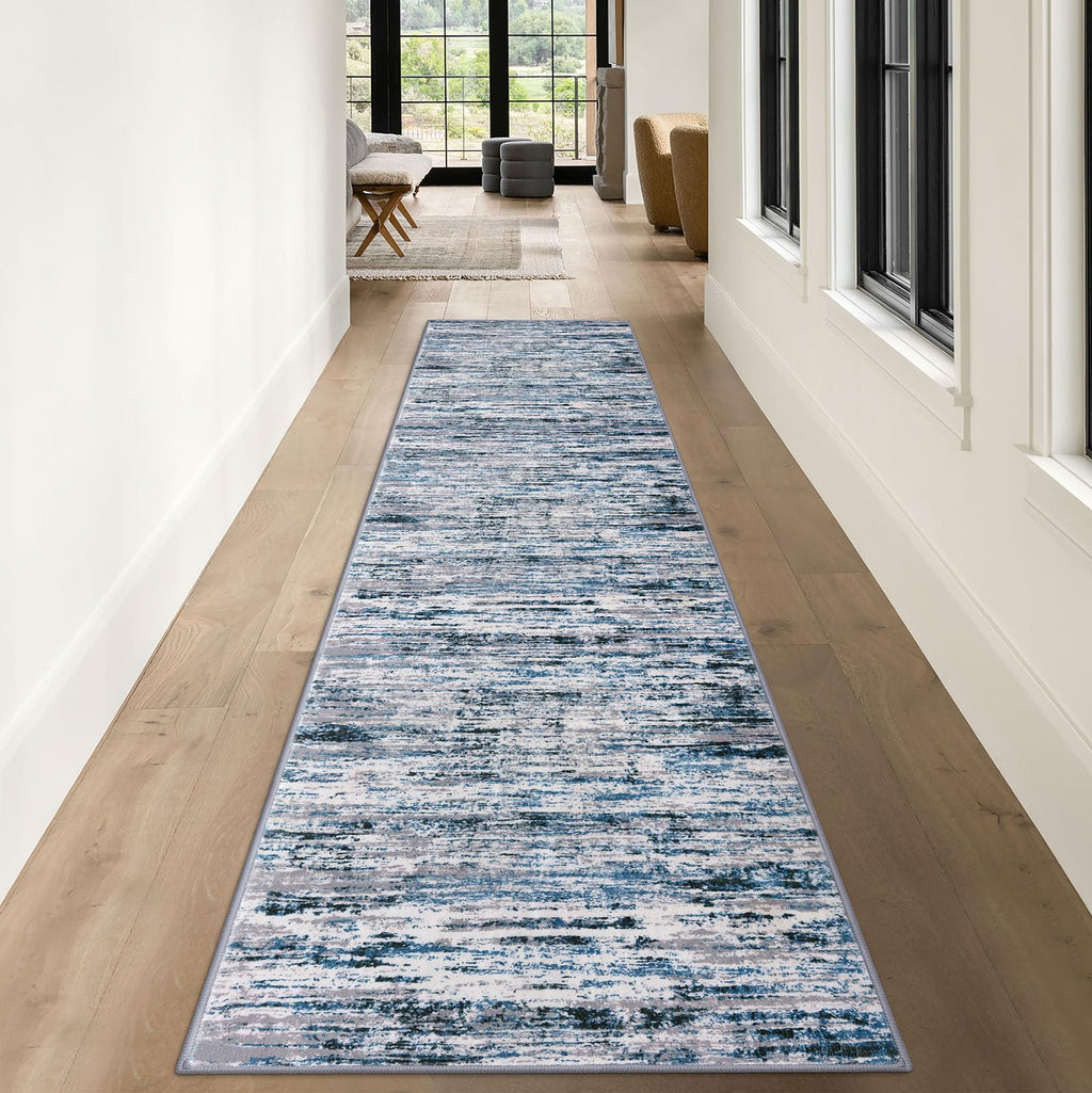 Lansny Modern Abstract Runner Rug 3x10, Grey Blue White Washable Kitchen Runner Non-Slip Soft Hallway Rug Runner Thin Print Faux Wool Carpet for Entryway Bedroom Laundry Room Indoor Home Office Decor