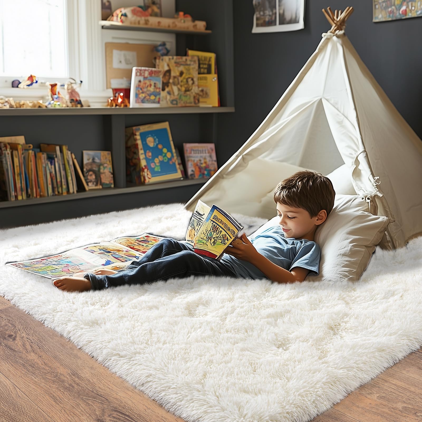Pionblank Fluffy Area Rug for Bedroom 4x6, Indoor Plush Carpet, Cream White