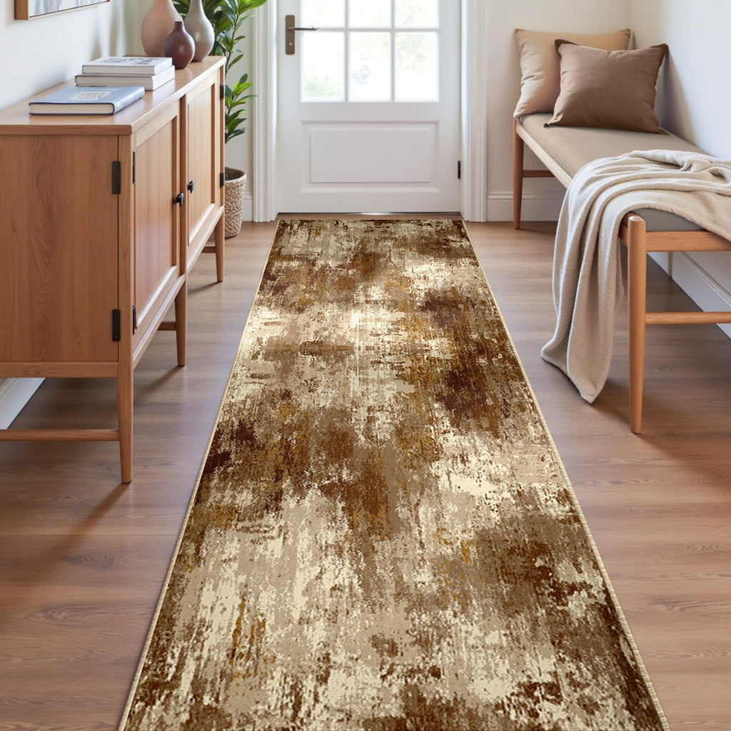 RELEANY Washable Runner 2'x8' Abstract Area Rug for Hallway Brown Tan