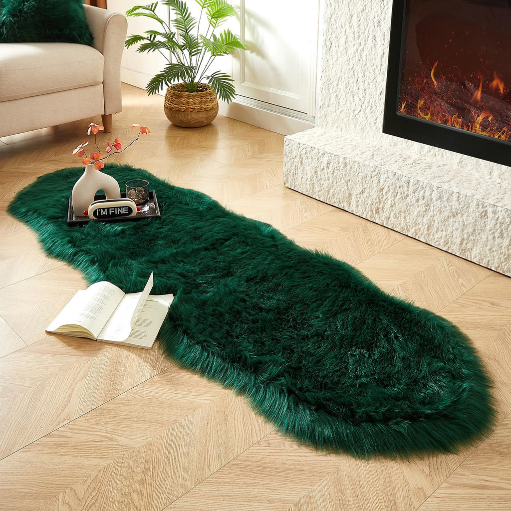 AMTOVO Faux Sheepskin Rug, Dark Green Ultra Soft Fluffy Shag Area Rug, 2 x 6 ft Faux Fur Rug for Bedroom Sofa Throw Cushion Room Decor, Sheepskin