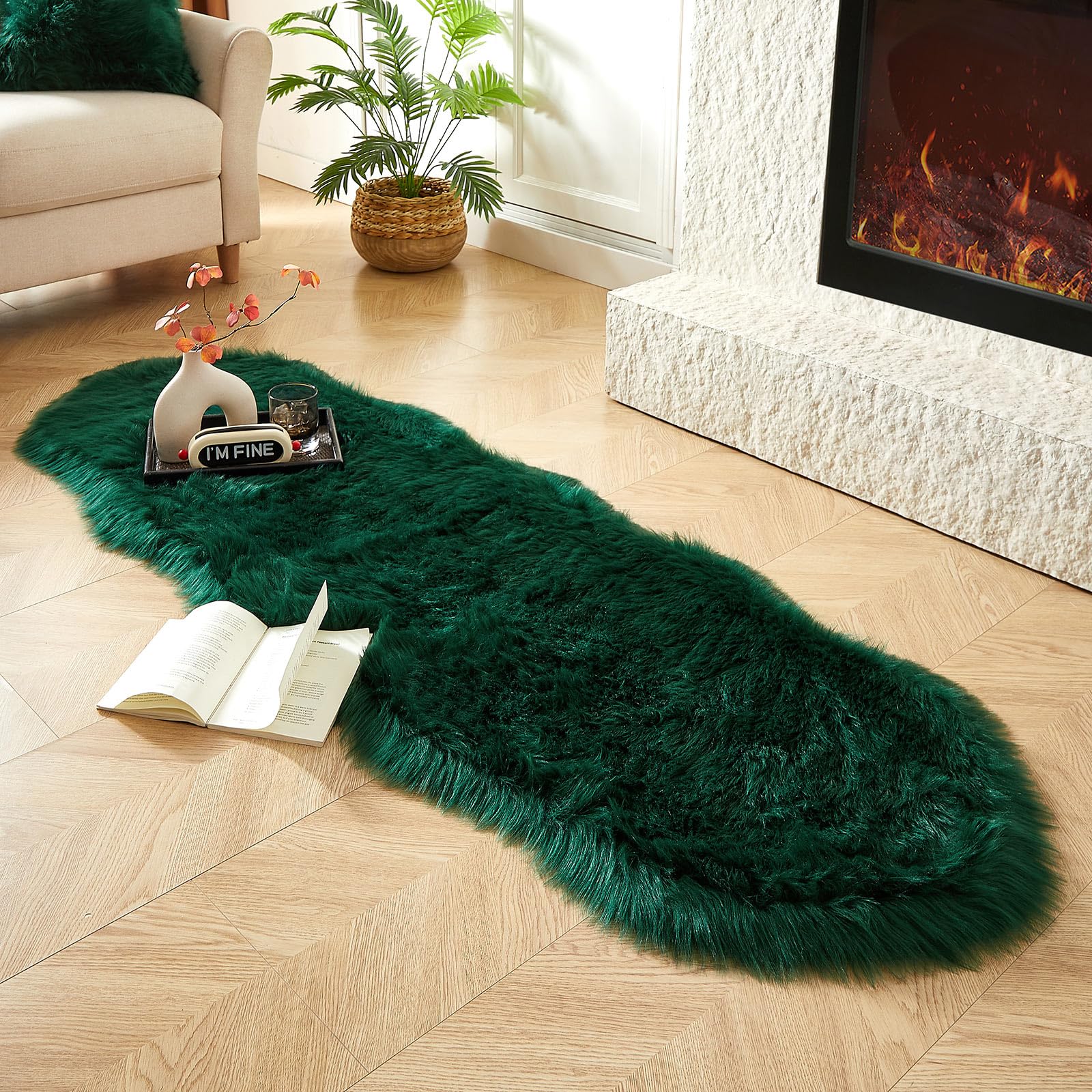 AMTOVO Faux Sheepskin Rug, Dark Green Ultra Soft Fluffy Shag Area Rug, 2 x 6 ft Faux Fur Rug for Bedroom Sofa Throw Cushion Room Decor, Sheepskin