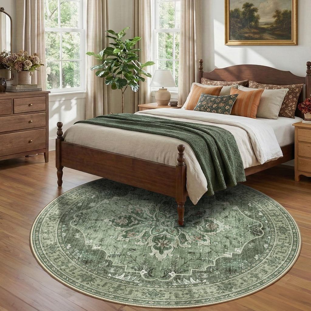 RELEANY Washable Area Rug, Round 8ft, Green/Dark Green/Gray