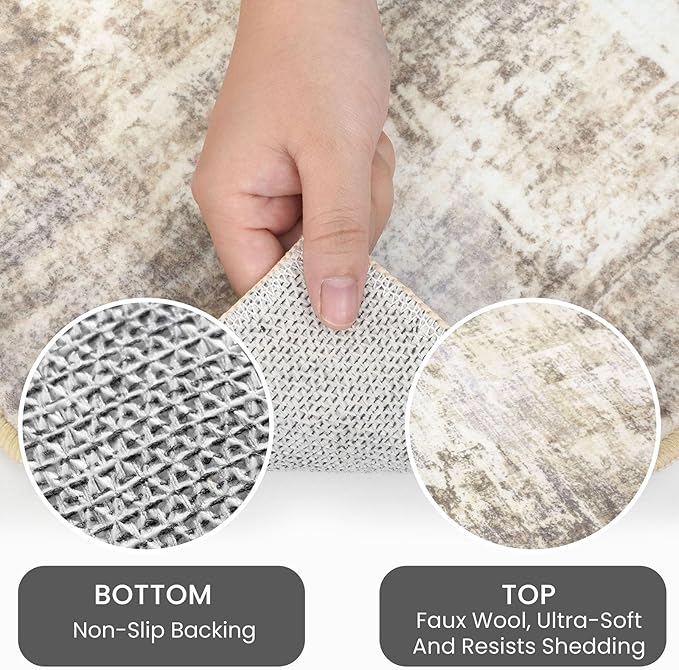 IOHOUZE Abstract Area Rugs 5x7 Ft Washable Rugs for Living Room, Non Slip Dining Room Rug, Printed Faux Wool Rugs for Bedroom, Floor Carpet for Office Nursery Playroom, Beige Brown