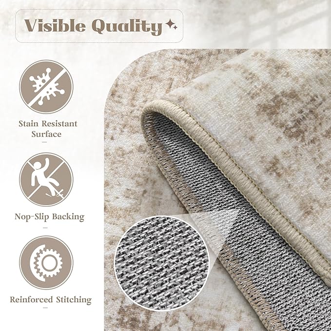 Runner Rug 2x6 Washable Rug, Vintage Boho Medallion Hallway Runner Non-Slip Soft Low Pile Distressed Floor Carpet Retro Doormat for Kitchen Bedroom Laundry Entryway Bathroom (Brown, 2'x6')