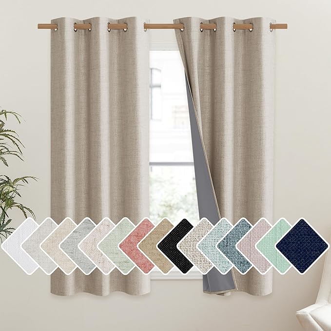 NICETOWN Oatmeal Thick Linen Blend 100% Blackout Curtains 63" Long 2 Panels Set for Bedroom, 42" Wide, Rustic Grommet Thermal Insulated Flax Textured Full Blackout Window Draperies with Grey Liners