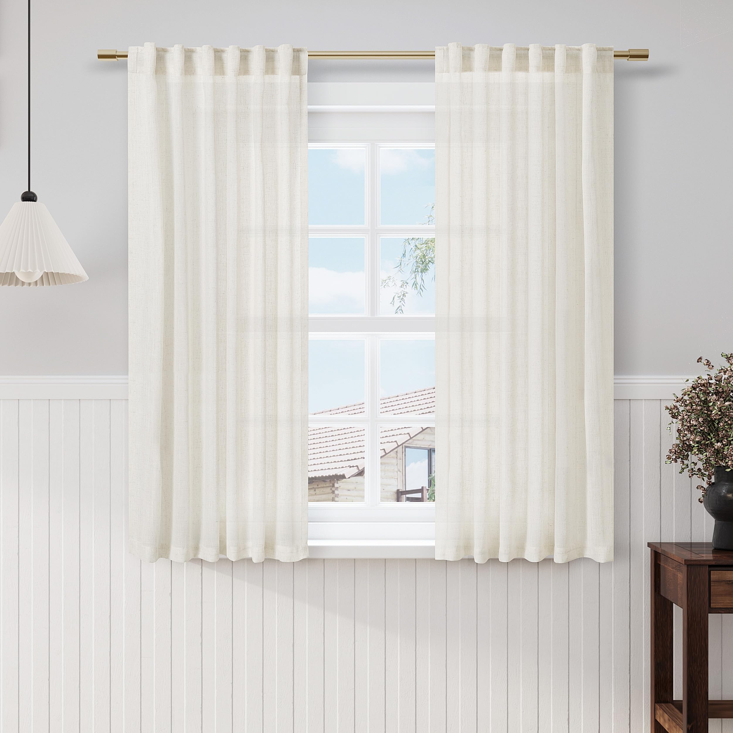 Nanspring Cream Cafe Curtains 54 Inch Length for Kid Bedroom Office Back Tab Pocket Semi Sheer Short Linen Cream Curtain Tiers for Small Bathroom Window Basement 42x54,2 Panel