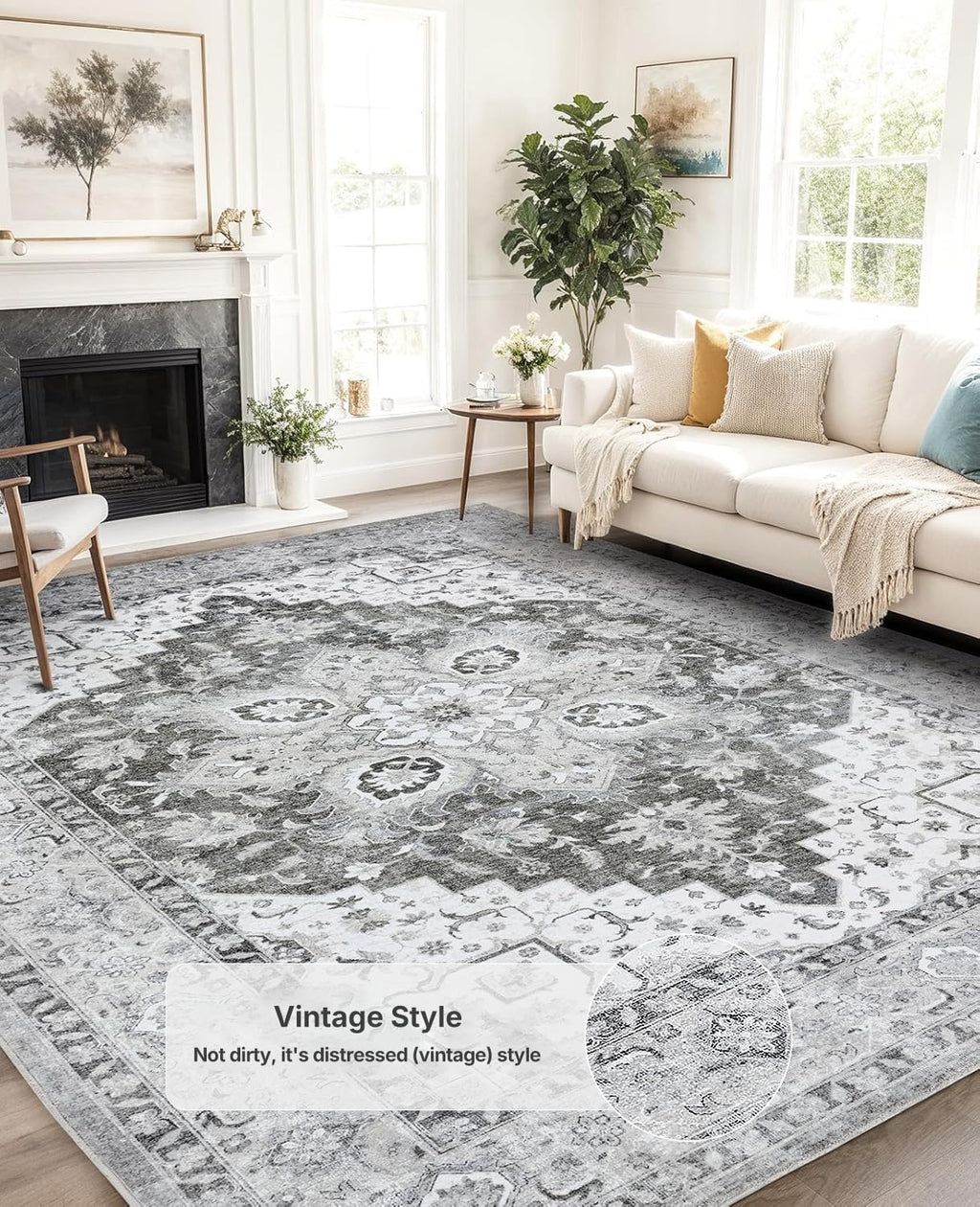 AMADA HOMEFURNISHING 8x10 Area Rugs, Low-Profile Large Washable Area Rug with Non-Slip Backing & Durable Edge Binding, Vintage Rugs for Living Room, Bedroom, Dinning Room