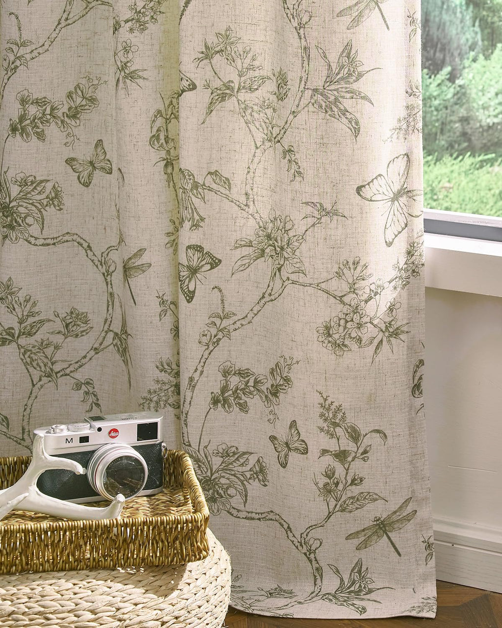 jinchan Floral Linen Curtains for Living Room 84 Inch Length Butterfly Curtain Sage Green Floral Curtains French Country Farmhouse Curtain Flower Patterned Drapes Window Treatment Set 2 Panels