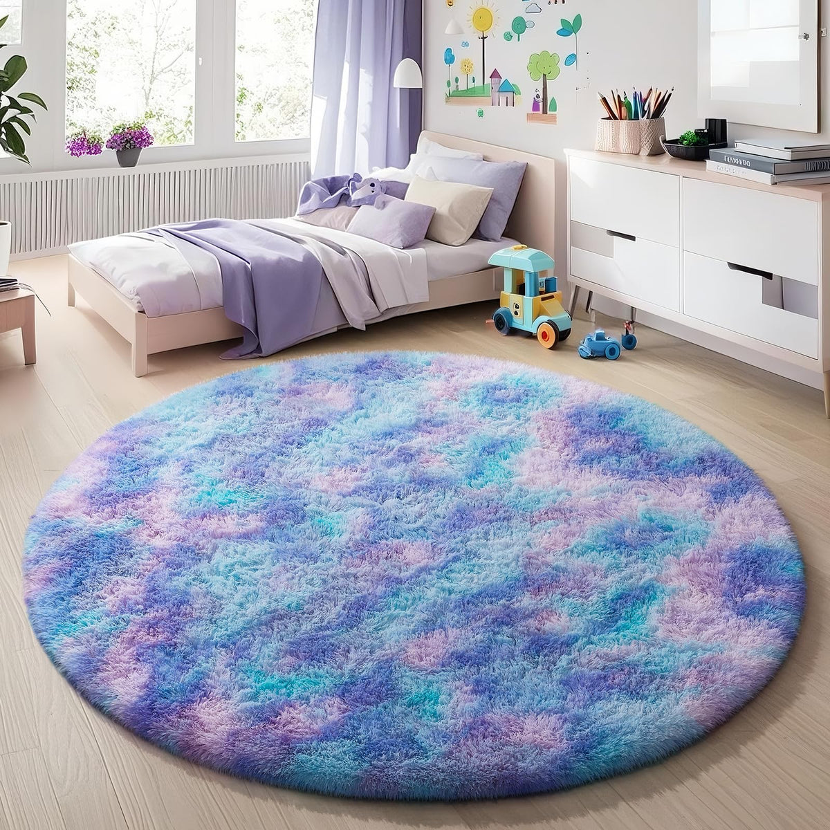 Ophanie Round Rug 5Ft White Circle Area Rug, Aesthetic Room Decor, Fluffy Fuzzy Bedroom Carpet, Plush Soft Shaggy Living Room Rugs for Kids Home Decor, Nursery with Over 99 pcs Pile fibers