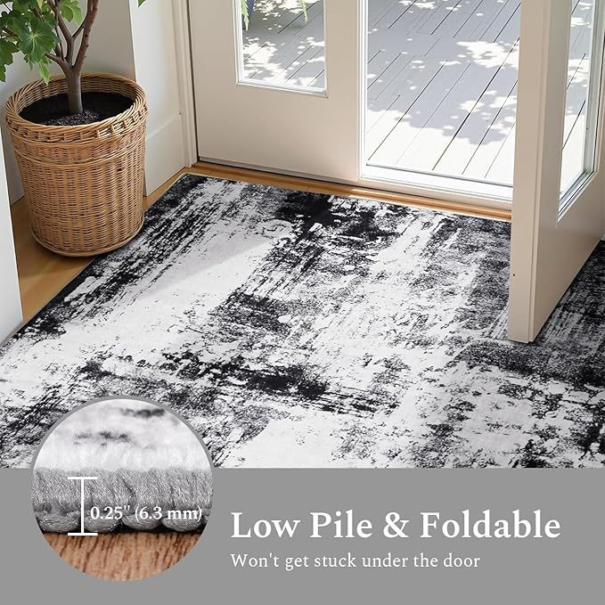 Rugflix 9x12 Area Rugs for Living Room, Washable Large Rug Stain-Resistant Low Pile, Modern Dark Carpet for Dining Room Home Office Kid Room Nursery Bedroom, Black Grey