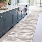 KOZYFLY Modern Abstract Washable Rug Runner 2.6x16 Hallway Rug Runner Non-Slip Soft Kitchen Runner Rugs, Grey/Light Beige/Brown Striped Carpet for Stair Entryway Bathroom