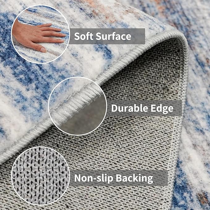 3x10 Washable Runner Rug for Family: Easy-to-Clean Runners for Hallway Entryway Bedroom - Stain and Water Resistant Rugs with Non-Slip Backing - Soft Low-Pile Carpet 10ft Navy Grey