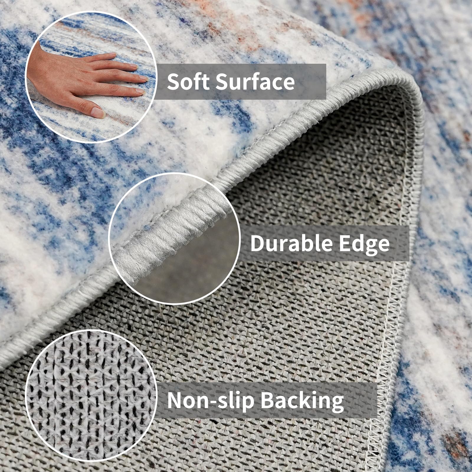 3x8 Washable Runner Rug for Family: Easy-to-Clean Runners for Hallway Entryway Kitchen Bedroom - Stain and Water Resistant Rugs with Non-Slip Backing - Soft Low-Pile Carpet Navy Grey
