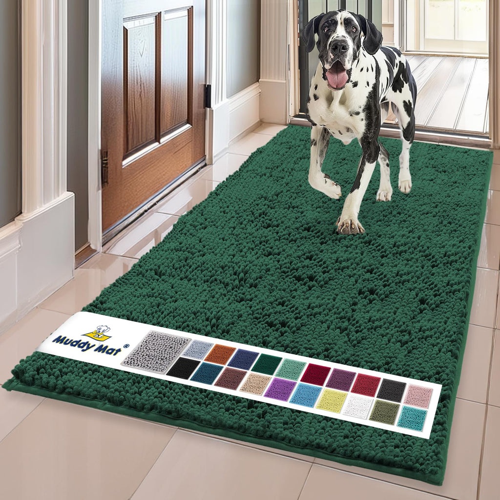 Muddy Mat® | Super Water Absorbent Door Mat Indoor,Microfiber Quick Dry Chenille Entryway Rug,Slip Resistant Front Door Mat,Indoor Mats for Entryway,Machine Washable Pet Rug,Dark Green Runner 24"X60"