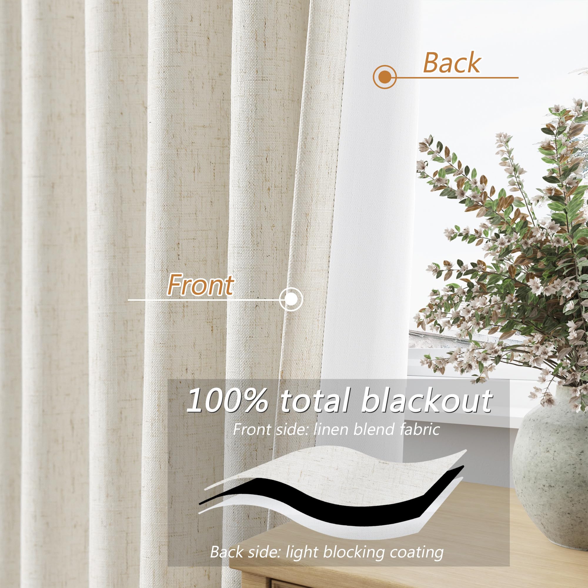 Guken 100% Blackout Linen Curtains for Bedroom 95 Inches Long Natural Cream Black Out Curtain Back Tab Thermal Insulated Room Darkening Window Drapes for Living Room 2 Panels Beige Ivory 52x95