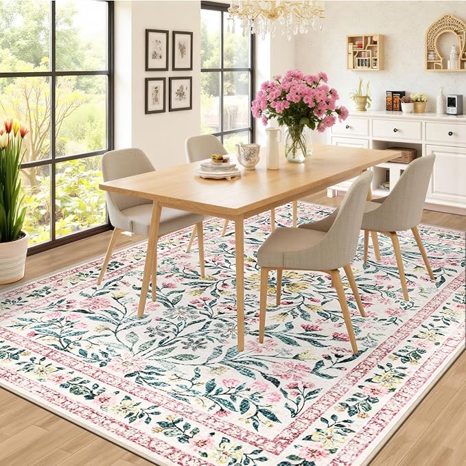 PLHXFR Area Rug Living Room: 5x7 Floral Washable Boho Carpet Pink Green