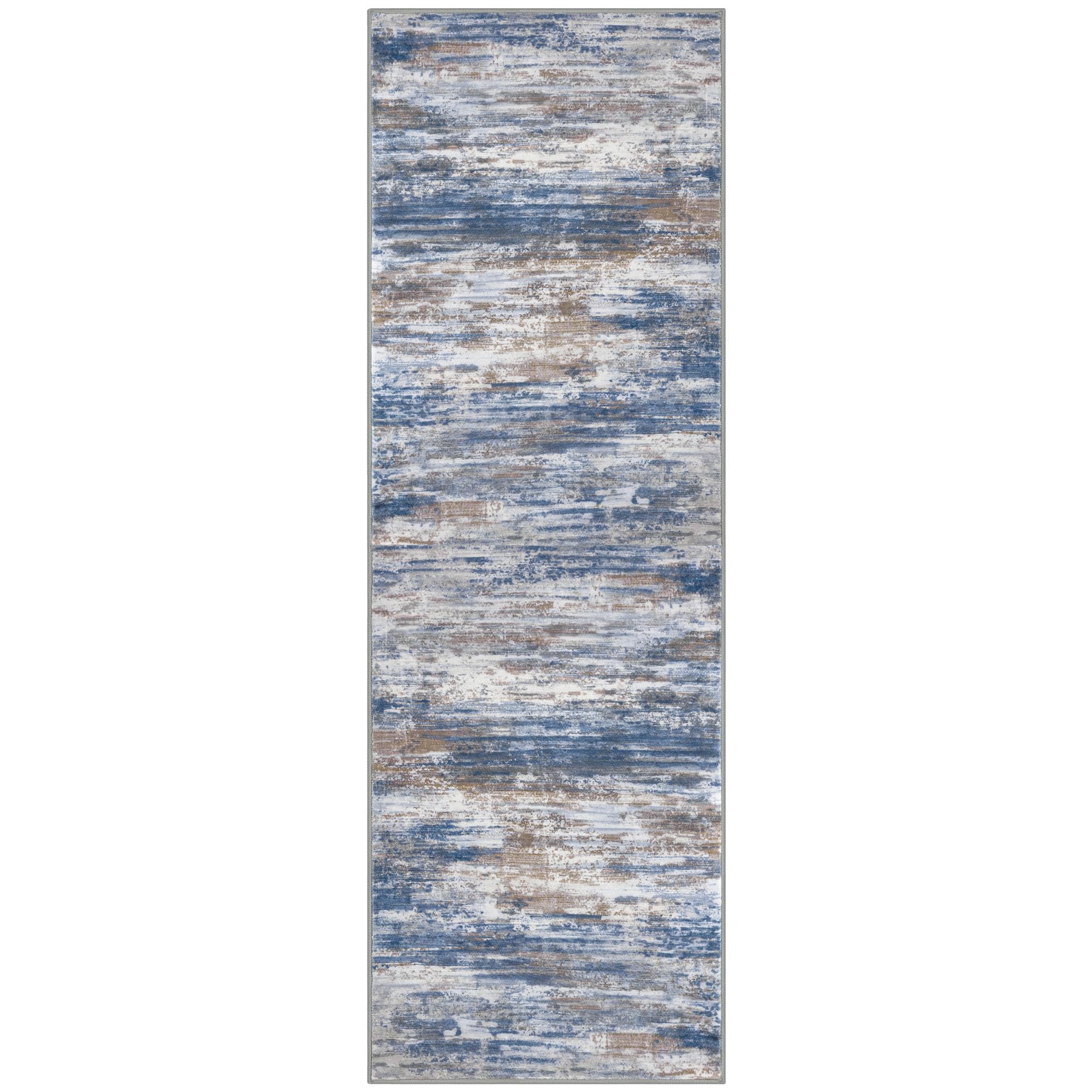 KOZYFLY Modern Abstract Hallway Runner Rug, 2.6x8 Washable Rug Runner Non-Slip Soft Striped Kitchen Runner Rugs, Print Blue Rust Carpet Runner for Entryway Bathroom Laundry Room Foyer