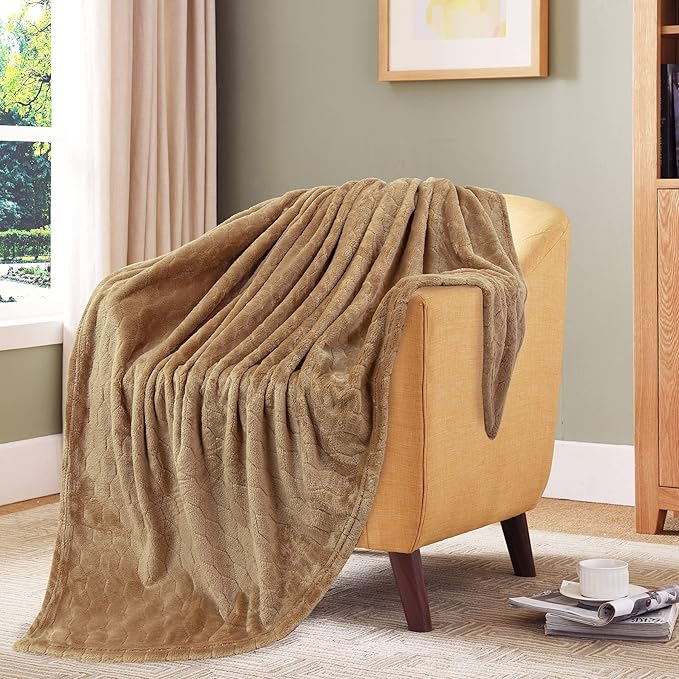 TOONOW Fleece Bed Blanket Queen Size 90x90 inches , Super Soft Fluffy Fuzzy Plush Blanket Geometric Pattern Cozy Microfiber Flannel Blankets for Couch, Bed, Sofa, Camel