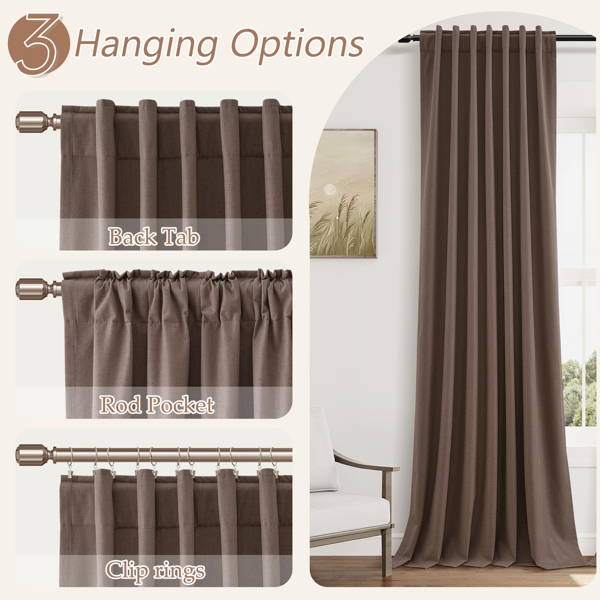 Guken 100% Blackout Curtains 120 Inch Length 2 Panels Set for Living Room Bedroom Back Tab Thermal Insulated Black Out Linen Drapes Room Darkening Mocha Mousse,52x120