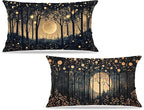 Rustic William Morris Inspired Gold Moon Pillow Covers 12x20 Set of 2,Vintage Black and Gold Moon Forest Botanical Nature Landscape Decorative Throw Pillow Covers for Home Bedroom Living Room