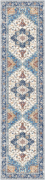 Yamaziot Washable Runner Rug, 2x8 Non-Slip Boho Vintage Hallway Rug with Rubber Backing, Low Pile Faux Wool Distressed Carpet Runner for Bedroom, Kitchen, Laundry, Entrance