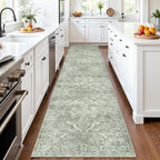Washable 3x14 Runner Rug - Non-Slip Vintage Rug for Entryway Low-Pile Medallion Long Rugs for Hallway Waterproof Traditional Runner Rug Indoor Thin Rug for Kitchen (Muted Sage Green)