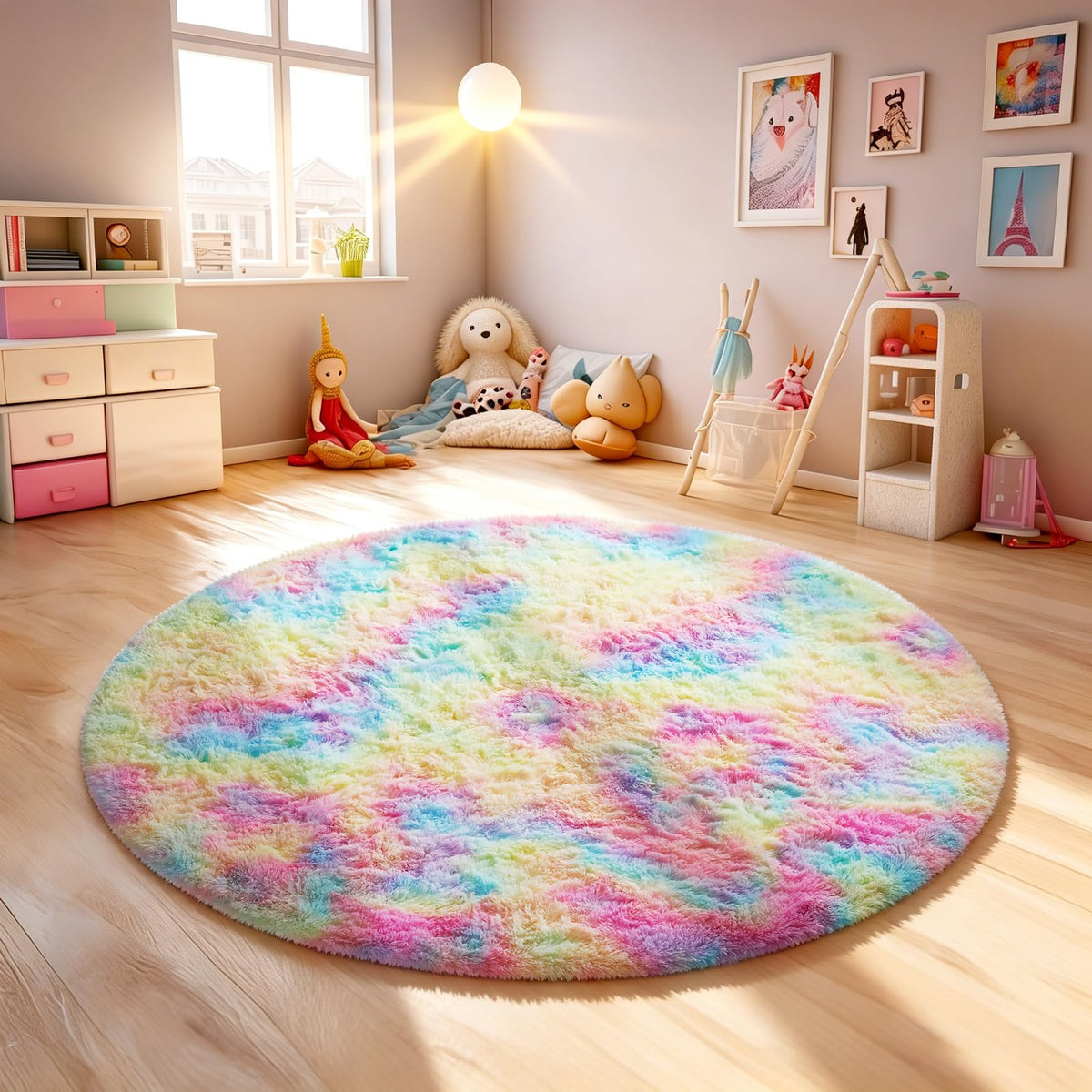 Ophanie Round Rug 4Ft White Circle Area Rug, Aesthetic Room Decor, Fluffy Fuzzy Bedroom Carpet, Plush Soft Shaggy Living Room Rugs for Kids Home, Nursery with 99 pcs Pile fibers