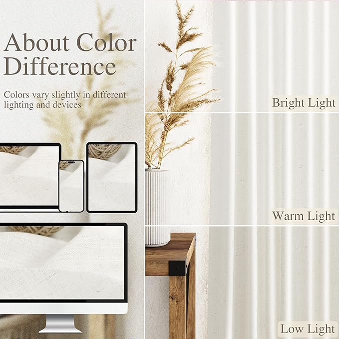 Nanspring Neutral Linen Curtains 102 Inches Long for Living Room Linen Blend Light Filtering Sheer Curtain Back Tab and Rod Pocket Coastal Modern Farmhouse Decor Drapes for Bedroom 52x102, 2 Panels