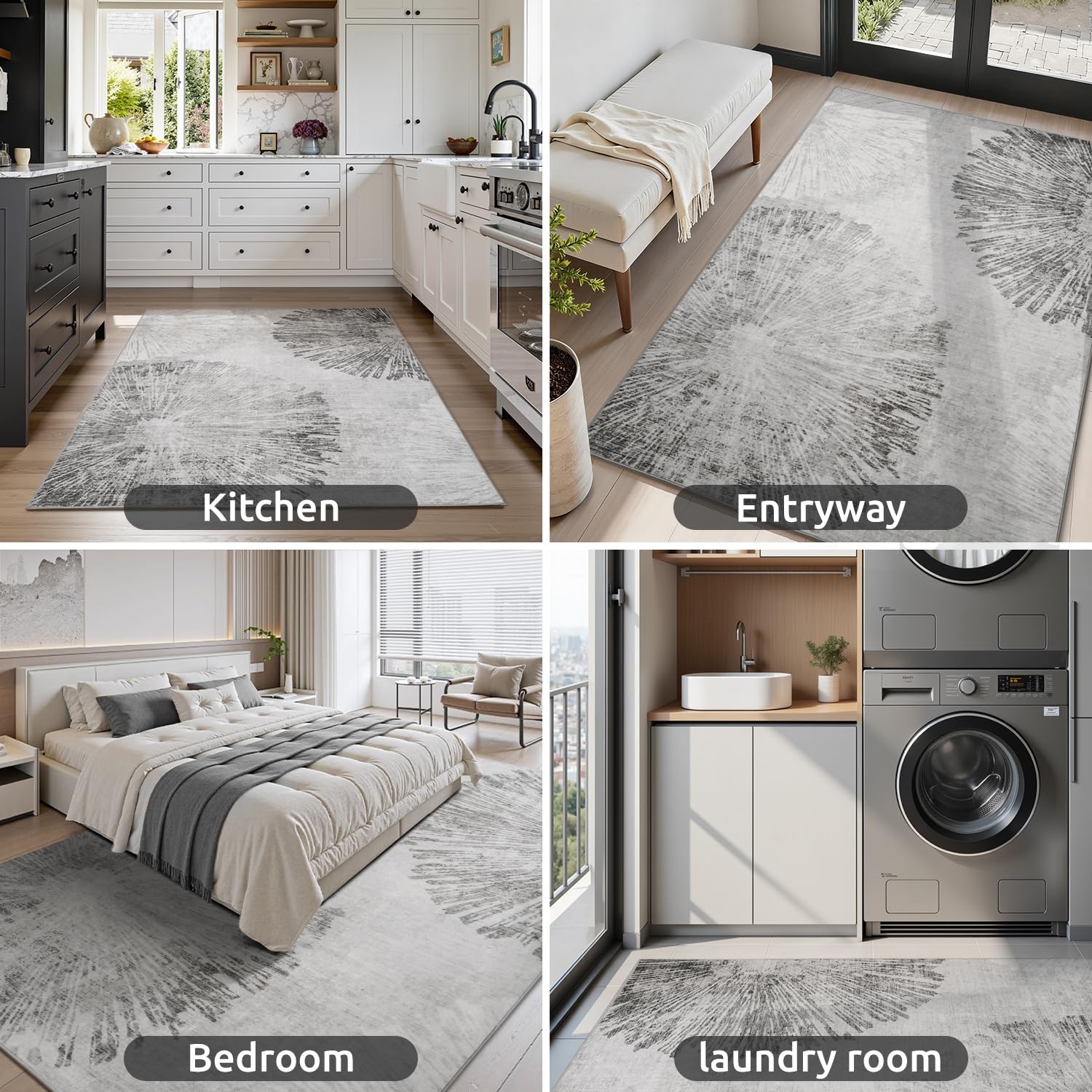3 x 5 Rug Small Non Slip Area Rug Ultra Soft Machine Washable Low Pile Modern Abstract Dahlia Indoor Carpet Rugs for Bedroom Living Room Entryway Kitchen Bedside, Grey