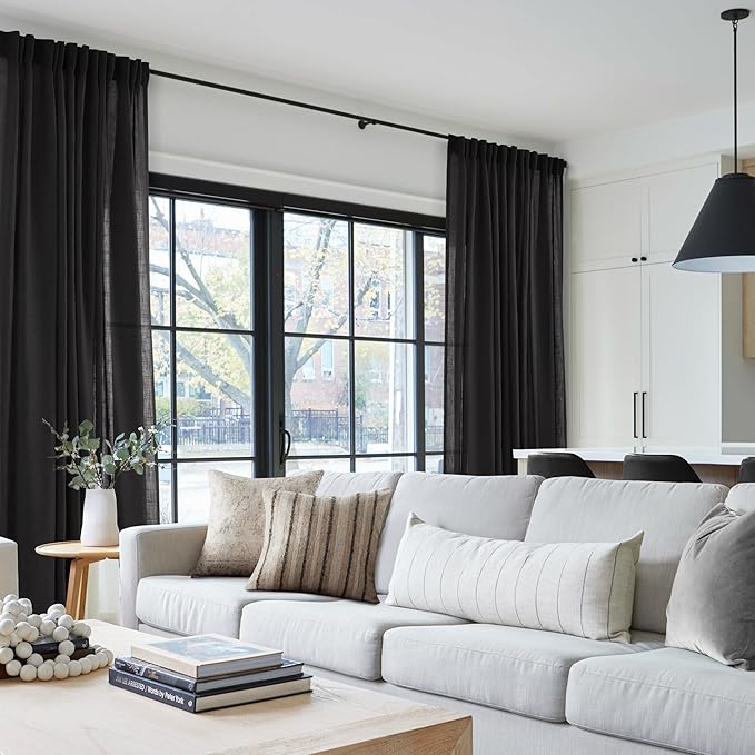 Black Linen Curtains 96 inches Long for Bedroom Back Tab Light Filtering Privacy Semi Sheer Black Curtains Living Room Boho Rustic Farmhouse Cotton Textured Gauze Curtain 2 Panel Set